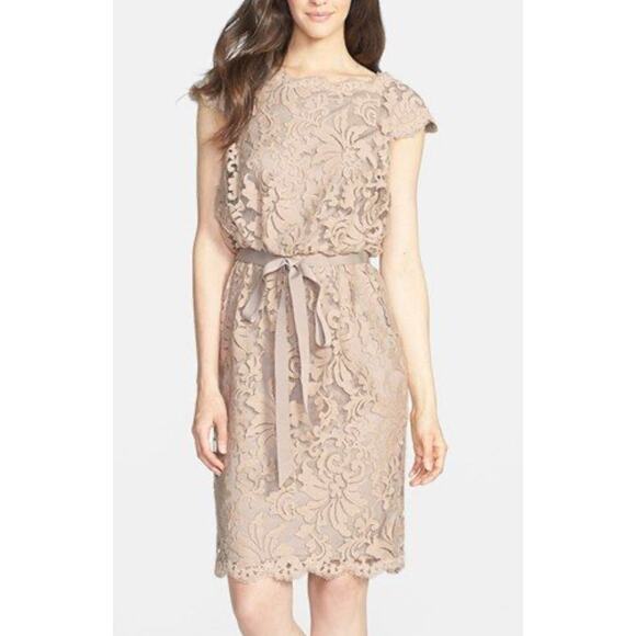 Tadashi‎ Shoji Lace Blouson Dress, Nude Beige, Lined, Sz 4 - Picture 1 of 8